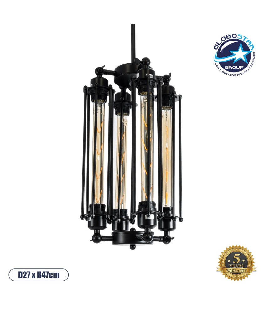 GLOBOSTAR® TUBING 01013 Vintage Κρεμαστό Φωτιστικό Οροφής με Ντουί 4 x E27 AC 220-240V IP20 - Μαύρο - Μ27 x Π27 x Y47cm